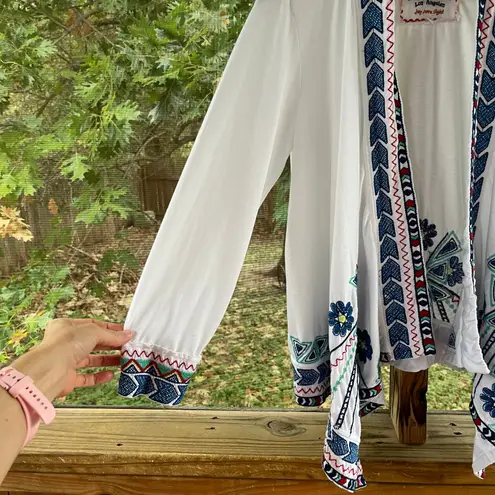 Johnny Was Women's White And Blue Embroidered Open Waterfall Jacket Size S