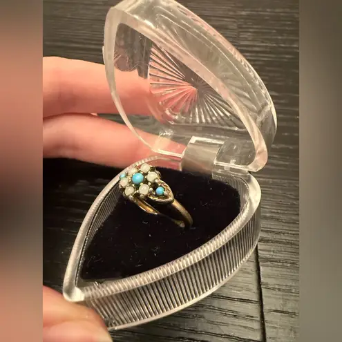 Vintage AVON Turquoise Bead and Seed Pearl Ring Silver Teal Blue Costume Jewelry