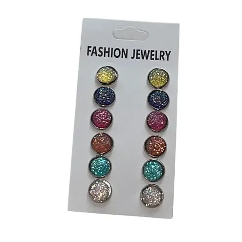 None Fashion Round Earring Set Sparkling Jewel Tones 6 Pair Spring Summer Gifts