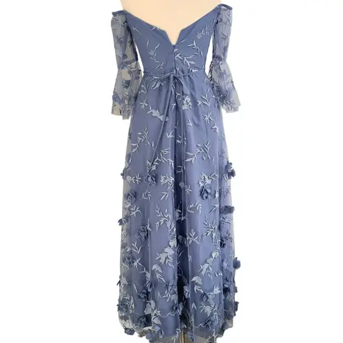 Marchesa Notte Dusty Blue Floral Bridesmaid Gown Tulle Off Shoulder Size 2
