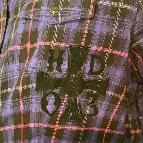 Harley Davidson Purple Plaid Leather Snap Front Shirt Size XL