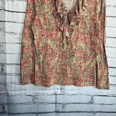 Vintage LRL Ralph Lauren paisley blouse Y2K ruffle western boho top red tan S