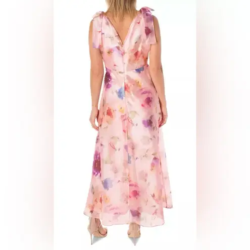 Maison Tara V Neck Pink Watercolor Floral Maxi Dress with Bow Straps size 6 $148