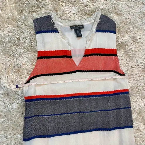 Chelsea & Theodore Woven Striped Fringe Trim Shift Dress 100% Cotton Size SP Blue