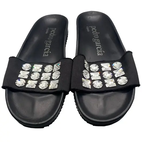 Pedro Garcia Amery Swarovski Crystal Satin & Leather Jeweled Slide Sandals Black Size 10