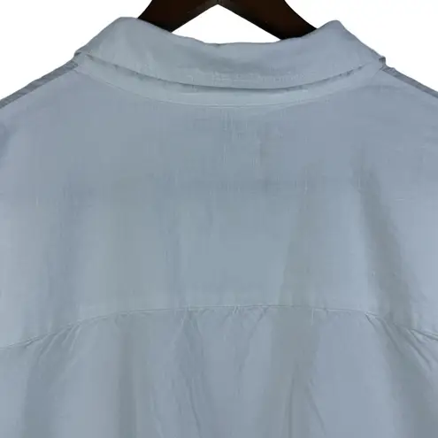 Flax Linen Tunic White Button Down Long Sleeve Collared Relaxed Coastal Chic SzL