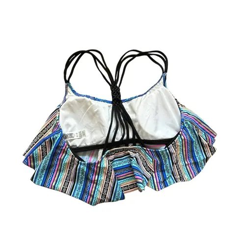 Pink Coconut Boutique PINK Victoria's Secret Swim Top S Striped Ruffle Tribal Black Braid Strap