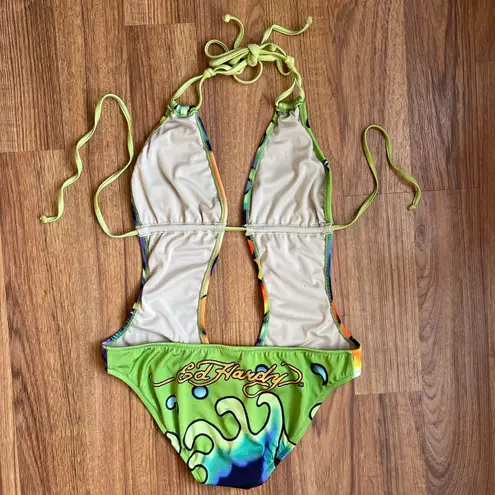 Ed Hardy Vintage Y2K Rare Green Multicolor Sexy Mermaid Edgy One Piece Swimsuit