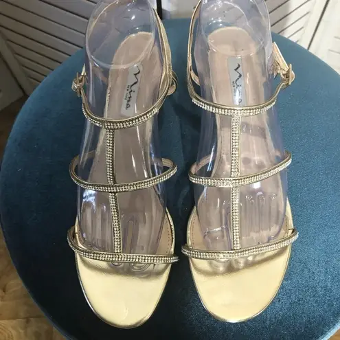 Nina NY Golden Rhinestones Strappy Wedge Sandals Size 9