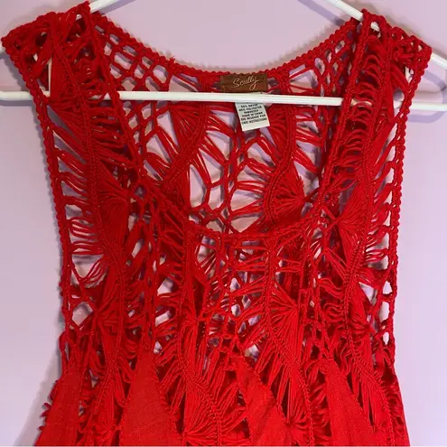 Spicy Red Open Knit Crochet Scoop Neck Rayon Tank Top Swim Cover Up Medium