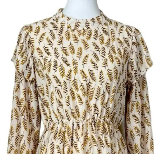 MikaRose Dress Asymmetrical Blouson Waist Cream Leaf Print Women’s Size Medium M