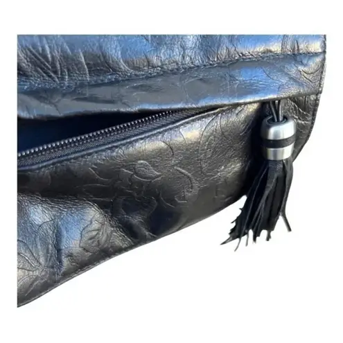 Vintage Crossbody Black Leather Bag Purse Floral Embossed Leather with Tassel