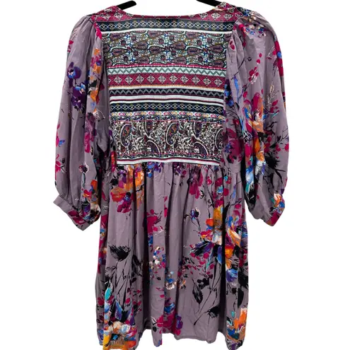 Umgee Boho Floral Print Tunic Top Dress Size Large Purple Lantern Sleeve