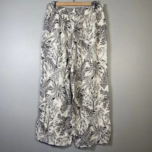Tahari Women's 100% Linen Pant Wide Leg Black White Tropical Leaves Size L