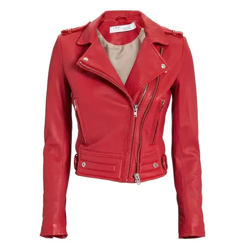 IRO Luiga Cropped Moto Jacket Women 36 Red Silver Double Zip Button Long Sleeve