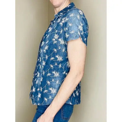 Tribal Blue & White Floral Embroidered Denim Jean Button Down Shirt Size 8