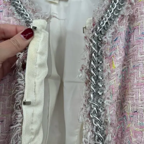 McGinn light pink tweed woven blazer jacket silver chain detail fringe size 6