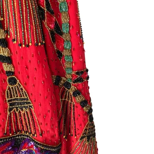 Laurence Kazar Vintage Red Silk Tassel Print Beaded Sequin Blazer Jacket Large