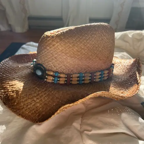 S/M Western Straw Hat with Beaded Band Tan