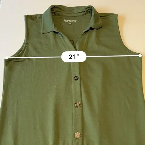 Soft Surroundings Green Sleeveless Maxi Dress Wooden Buttons Women's Size Large