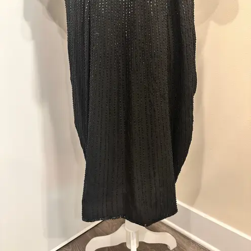 Vintage 80s Stenay Woman Black Silk Beaded Sequin Cocktail Shift Dress Art Deco Size 14