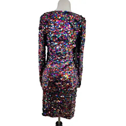 Oleg Cassini Black Tie Vintage Sequin Dress Size 4 Rainbow Long Sleeve Party