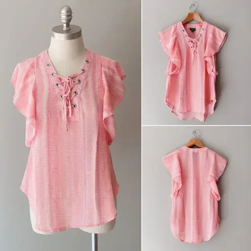 a.n.a  Women's Pink Striped Ruffle Cap Sleeve Lace Up Blouse Top Size XS