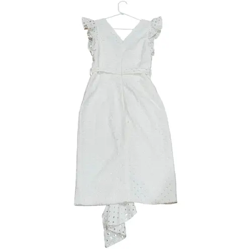 PATBO romantic ruffle sleeve Belted Eyelet Midi Dress In White sz 4