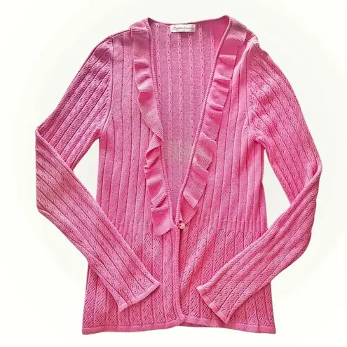 Christian LaCroix  Raspberry Pink Ribbed Ruffled Long Sleeve Top Cardigan Sweater