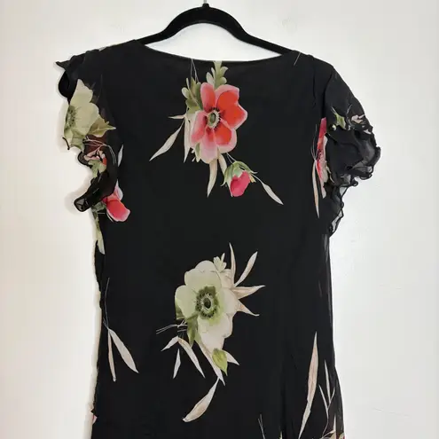 Coldwater Creek Black Floral Flutter Sleeve Midi Dress Size 14 Silk