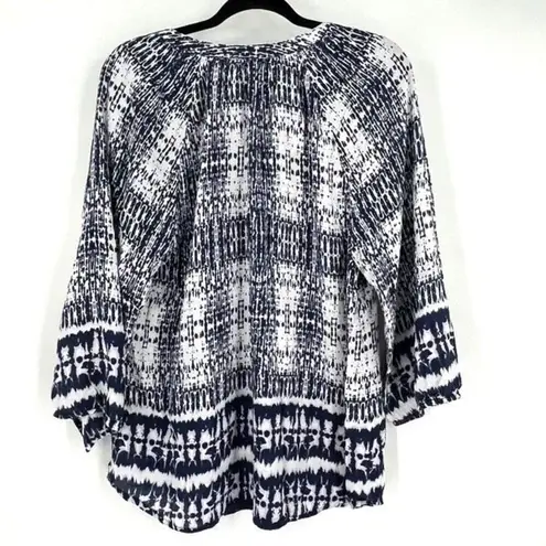 Beach Lunch Lounge flowy notch neck blouse size XL abstract bohemian White blue