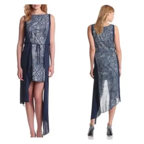 BCBG Maxazria Parisian blue dress textured denim print Asymetrical small urika