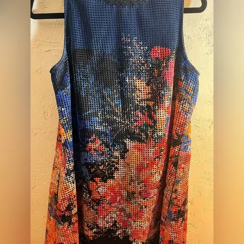 Julia Jordan Blue Orange Sheath Midi Dress Round Crew Neck Sleeveless w pockets