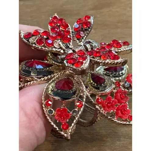 Large Floral Hair Clip With Red Rhinestones & Metal**note missing rhinestone