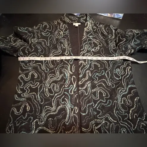 J Jill Women's Open Front Cardigan Sweater Abstract Swirls Wool Blend Size M Black Size M