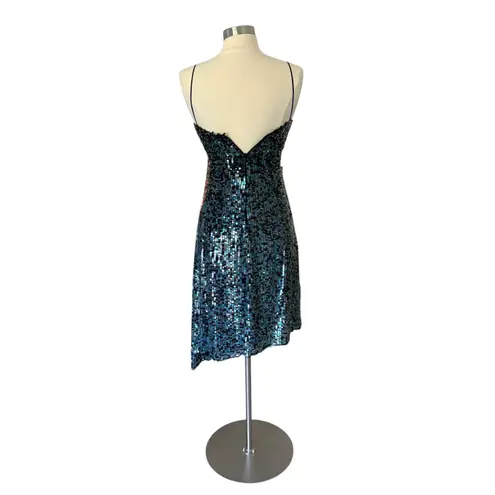 Emporio Armani Vintage Silk Sequin Dress Blue Green Black Asymmetric Size 8