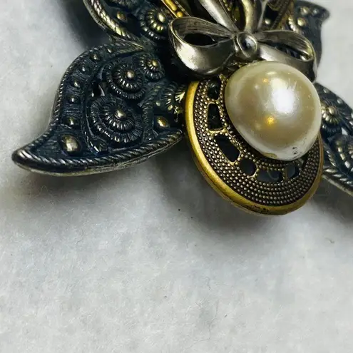 Filagree Silver Gold Color Angel Jewelry Pin Brooch Halo Faux Pearl Bow Wings