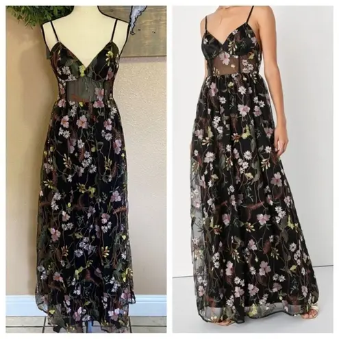 Lulus NWOT  Radiant Fantasy Black Floral Embroidered Tulle Maxi Dress