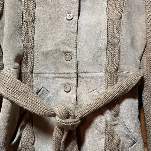 California vintage VTG 70s Women's Suede Leather Belt Knit Cardigan Sweater Jacket Beige Size Small