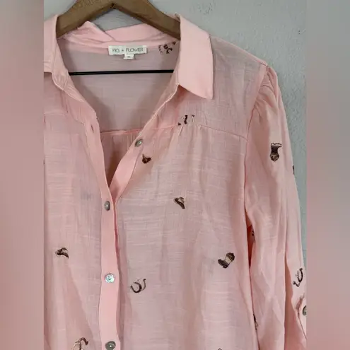 Fig + Flower Anthropologie Pink Western Embroidered Long Sleeve Blouse Medium