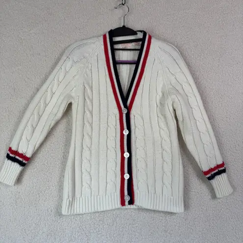 Vintage Full Fashioned Sweater Womens Medium Cable Knit Cardigan 80s Red Blue White
