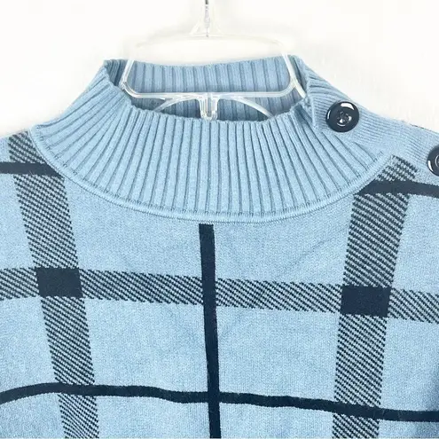 Tahari Blue And Black Plaid Side Button Accents Mock Neck Long Sleeves Sweater