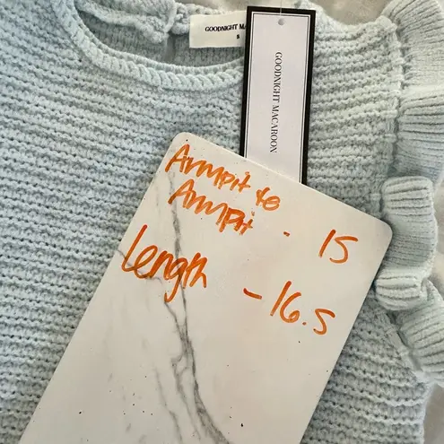 Goodnight Macaroon Women’s Small Blue Crochet Sweater Ruffle Top NWT