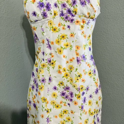 ZARA  Bloggers Fav Multicolor Floral Sweetheart Neckline Mini Dress Sz L Cotton