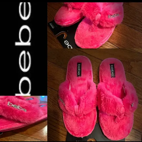 Bobeau bebe NWT FUCHSIA rhinestone logo memory foam fur fuzzy flip flops/slippers 8
