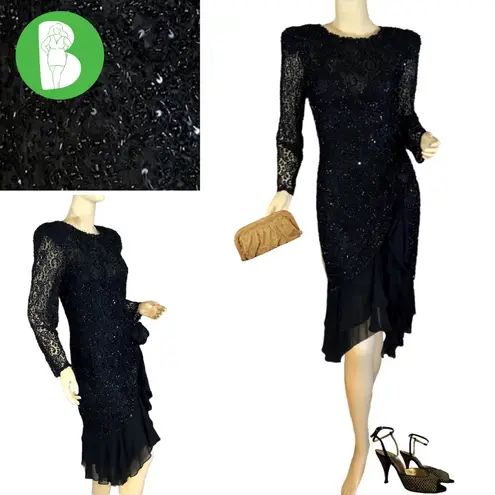 Oleg Cassini VINTAGE BLACK SEQUIN SILK RUFFLED COCKTAIL DRESS (6)