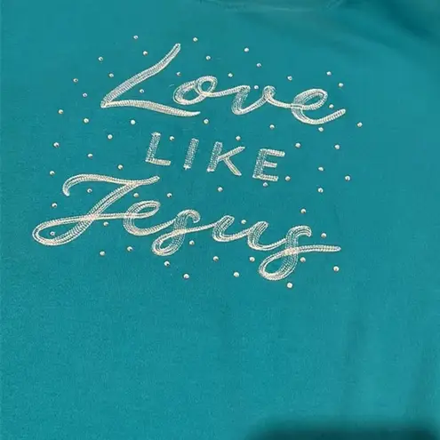 kim rogers Jesus “Love Like Jesus” Rhinestone Embroidered Short Sleeve Tee Shirt Turquoise