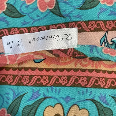 R. Vioimos Boho Maxi Dress M Turquoise Floral Paisley Tassel Tie Neck Hippie Size M