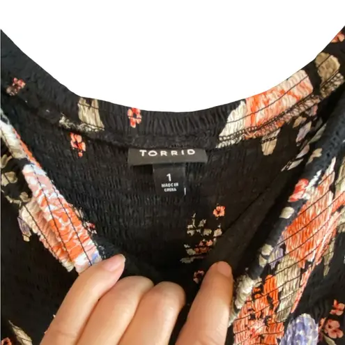 Torrid  Black blue & orange Floral Smocked bell sleeve Maxi Dress wedding guest