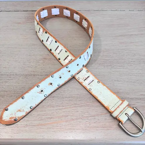 Linea Pelle Pale Green Leather And Ribbon Distressed Boho Belt Size S City Chic